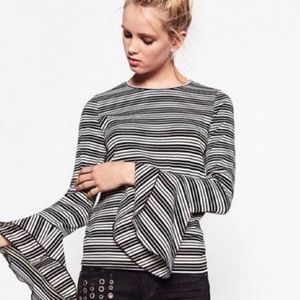 Zara Trafaluc Striped Bell Sleeve Ribbed Blouse